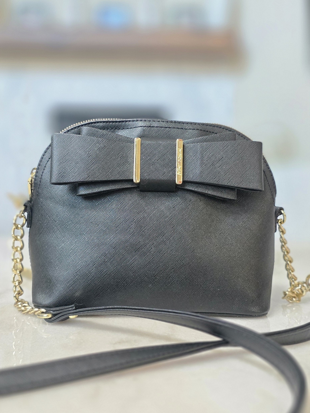 Betsey Johnson Black Saffiano Bow Dome Crossbody